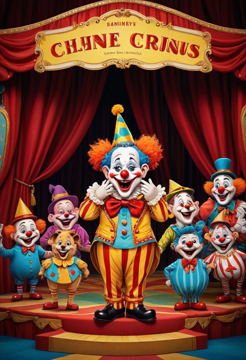 A whimsical illustration showcasing a colorful circus stage filled with playful clowns, each performing humorous antics that represent various puns. Include a backdrop of vibrant banners with punny phrases, highlighting the theme of joy and laughter. The audience, composed of various animals and cartoon characters, claps and giggles in delight. The atmosphere is lively and cheerful, inviting the viewer to engage with the art of puns. vibrant colors. playful style. comic book art.