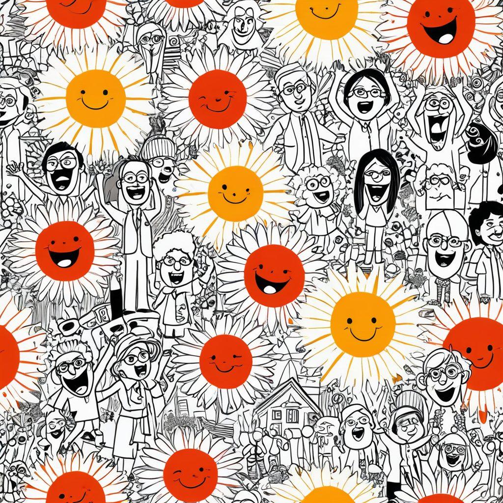 A colorful collage of witty sketches featuring humorous characters engaged in satirical scenarios, with exaggerated expressions and playful backgrounds. Include a visual metaphor like a rising sun symbolizing elevated mood. The sketches should be lively and dynamic, showcasing a variety of comic style elements. super-realistic. vibrant colors. white background.