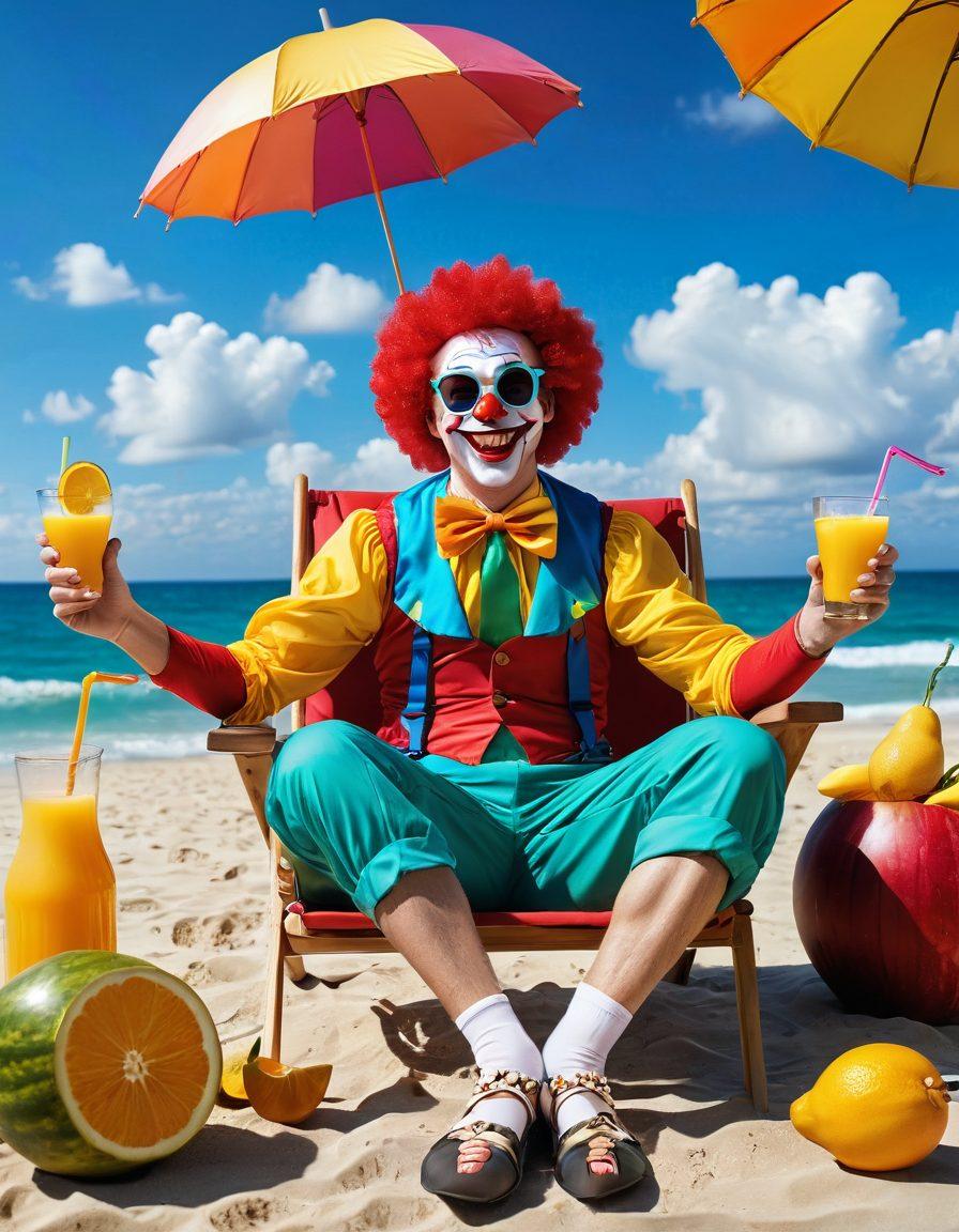 A whimsical scene depicting various funny characters engaging in humorous situations, like a clown juggling colorful fruits while a cat wearing sunglasses enjoys a drink on a beach chair. In the background, a vibrant sunshine with smiling clouds radiates positivity. Include playful elements like cartoon-style speech bubbles with jokes. Bright colors and a lively, cheerful atmosphere. super-realistic. vibrant colors. cartoon style.